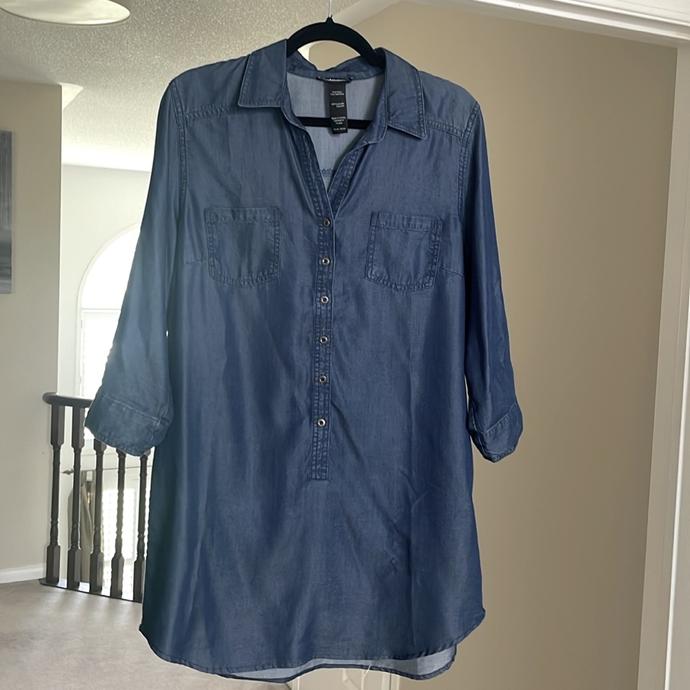 Olsen 100% Lyocell Chambray Tunic Shirt Dress Top | Roll Tab Sleeves | M - Picture 7 of 9
